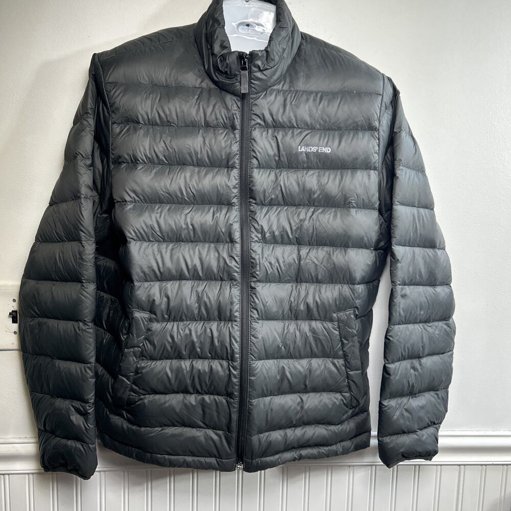Lands' End Puffer Jacket Mens L 42-44 Black 800 Down Fill Zip Outdoor Packable